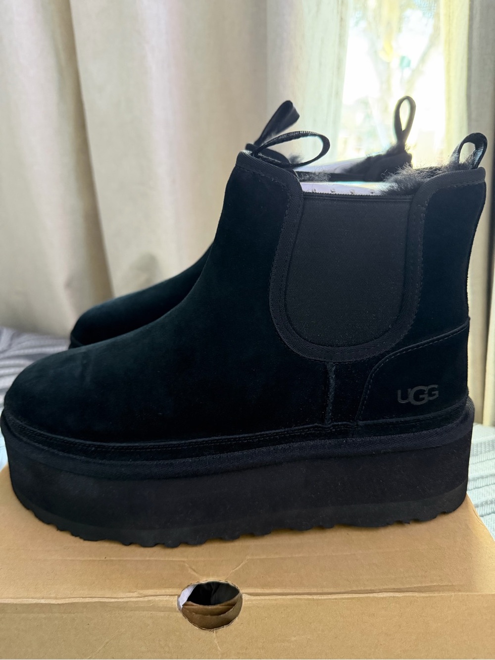 UGG Black Platform Chelsea Boot with Shearling Trim